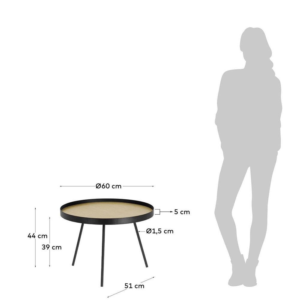Nenet Couchtisch Farbe Eiche und Stahl mit schwarzem Finish Ø 60 cm