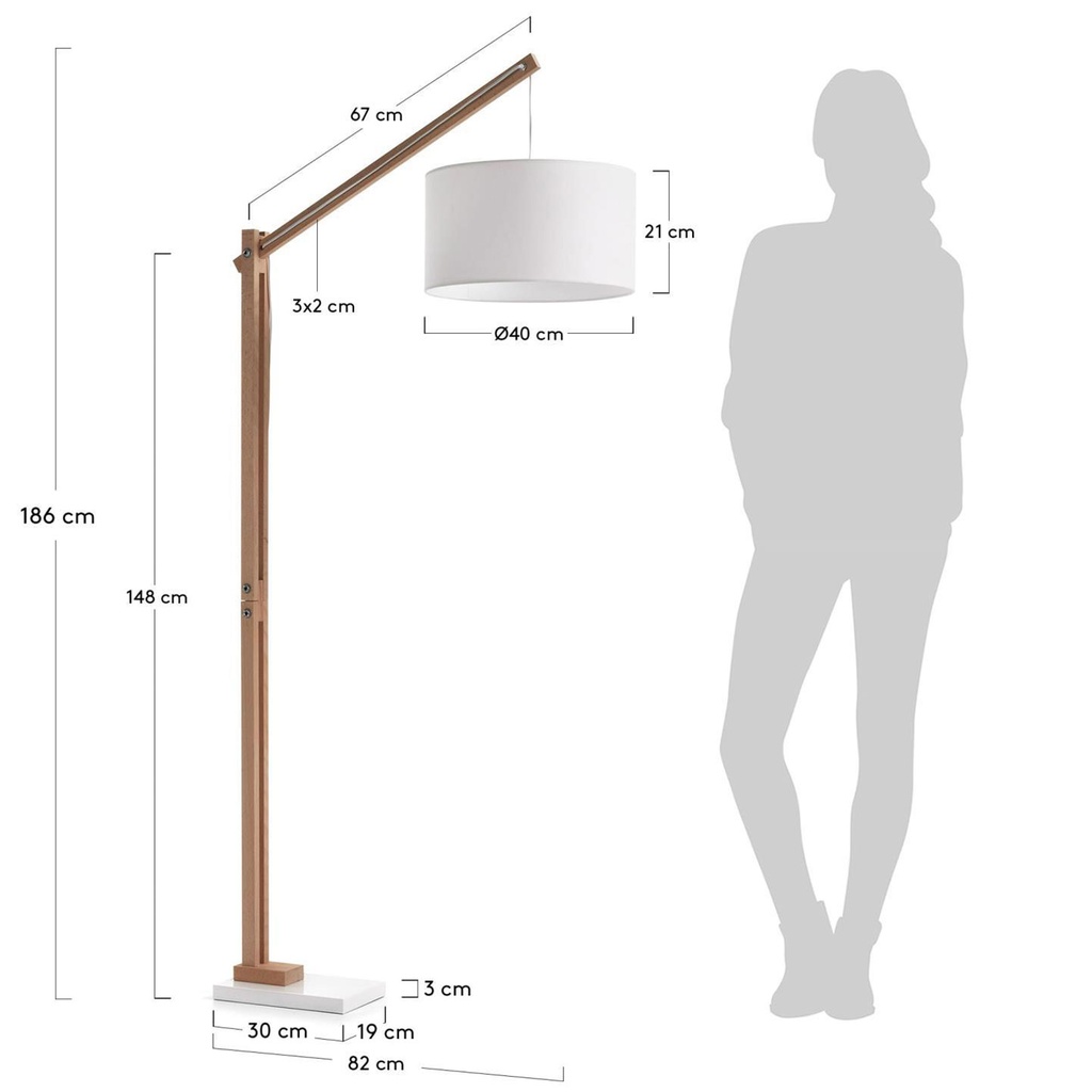 Danish Lemonite Stehlampe Riaz aus massiver Buche mit weißem Lampenschirm